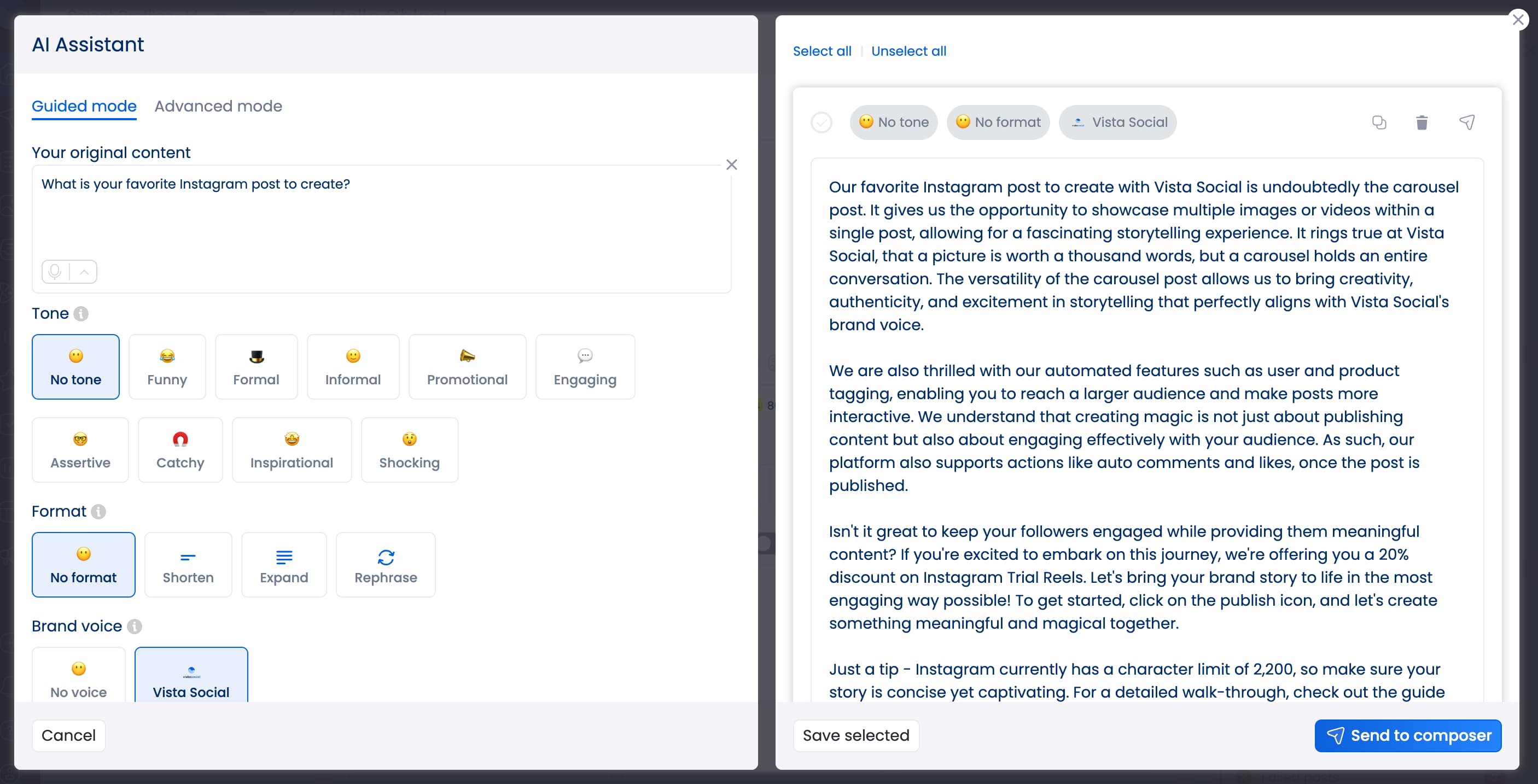 Vista Social's AI assistant in guided mode.