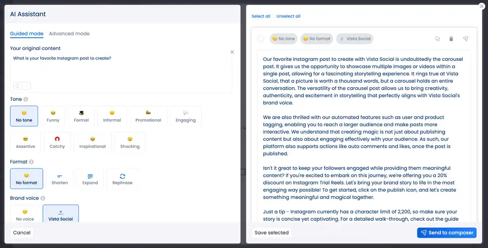 Vista Social's AI assistant in guided mode.
