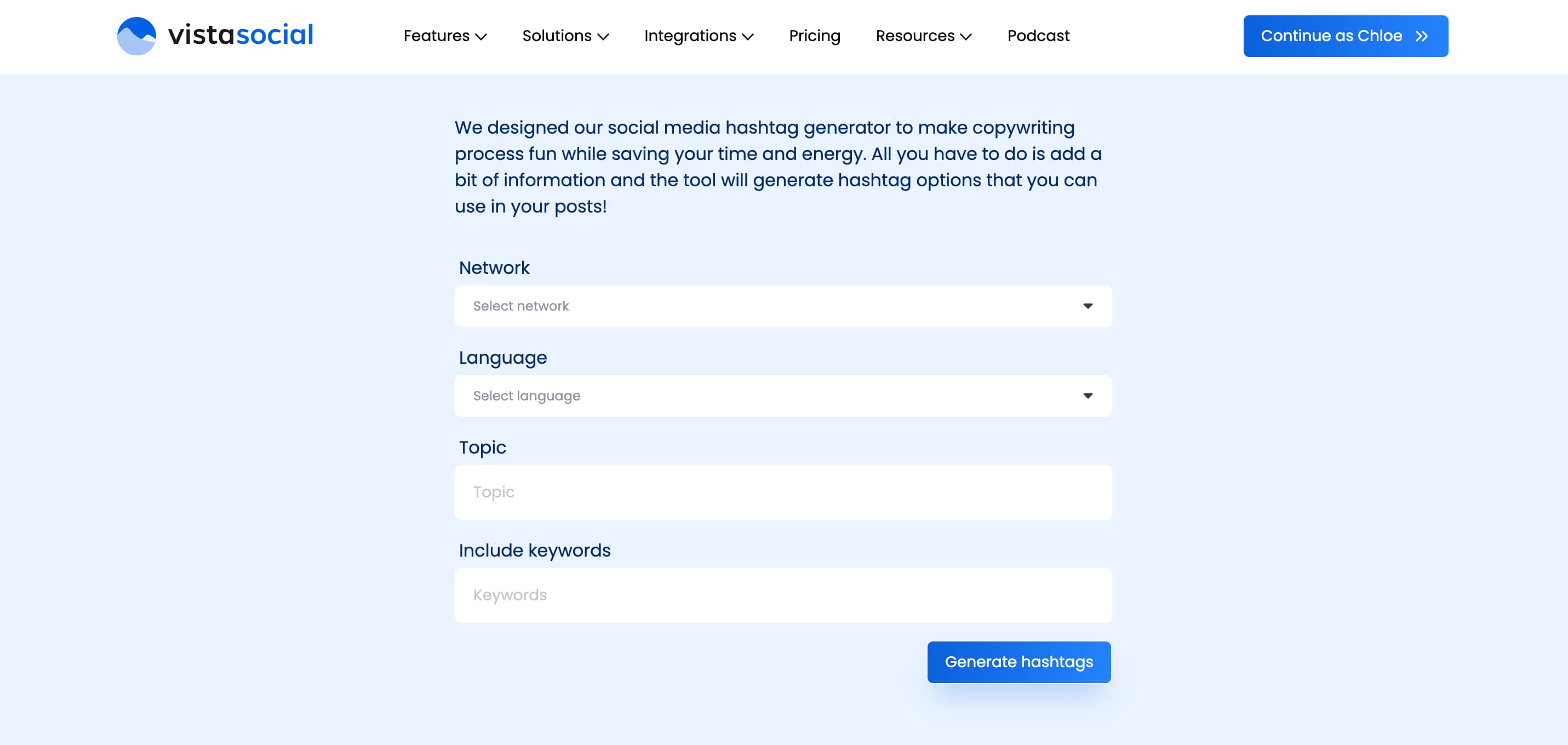 A hashtag generator available for free on Vista Social's website.