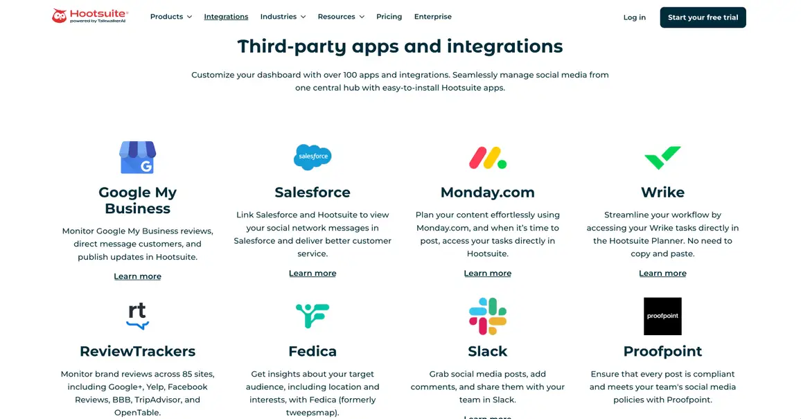 Hootsuite's integrations landing page.
