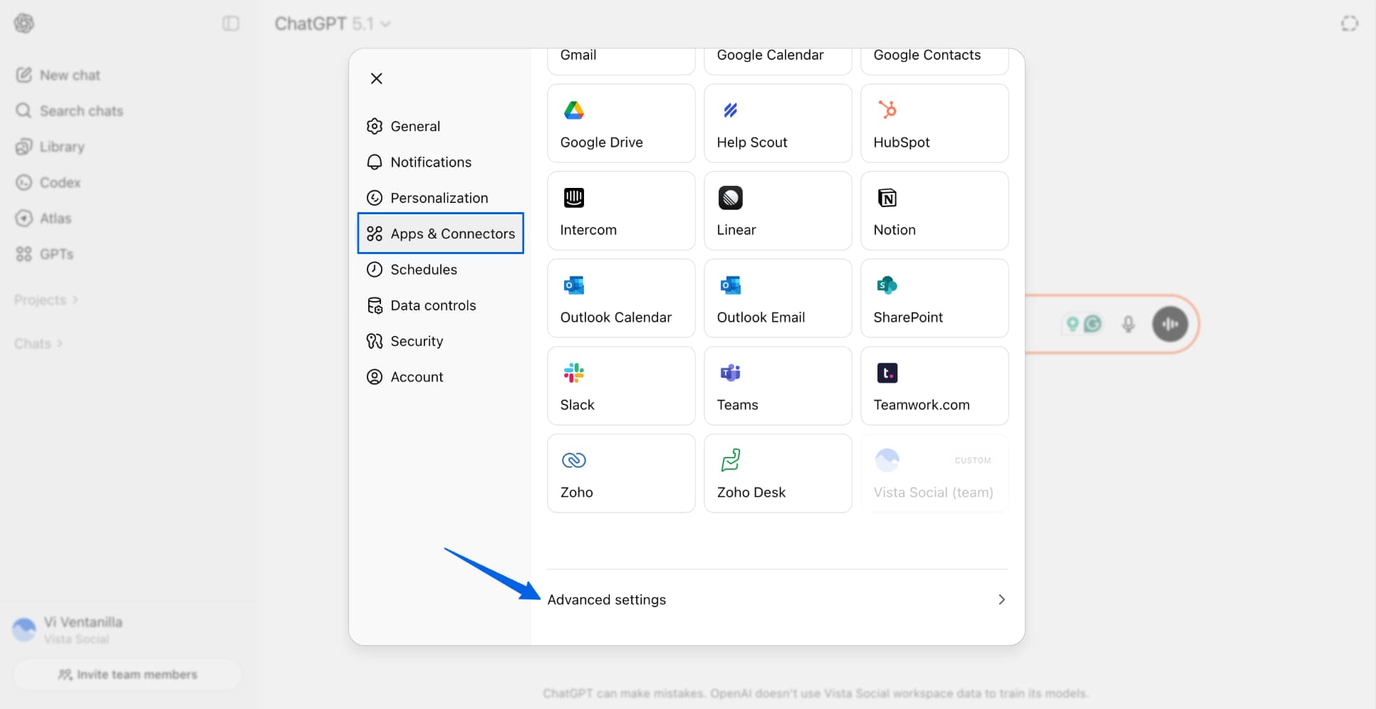 A screenshot of ChatGPT's apps and connectors.