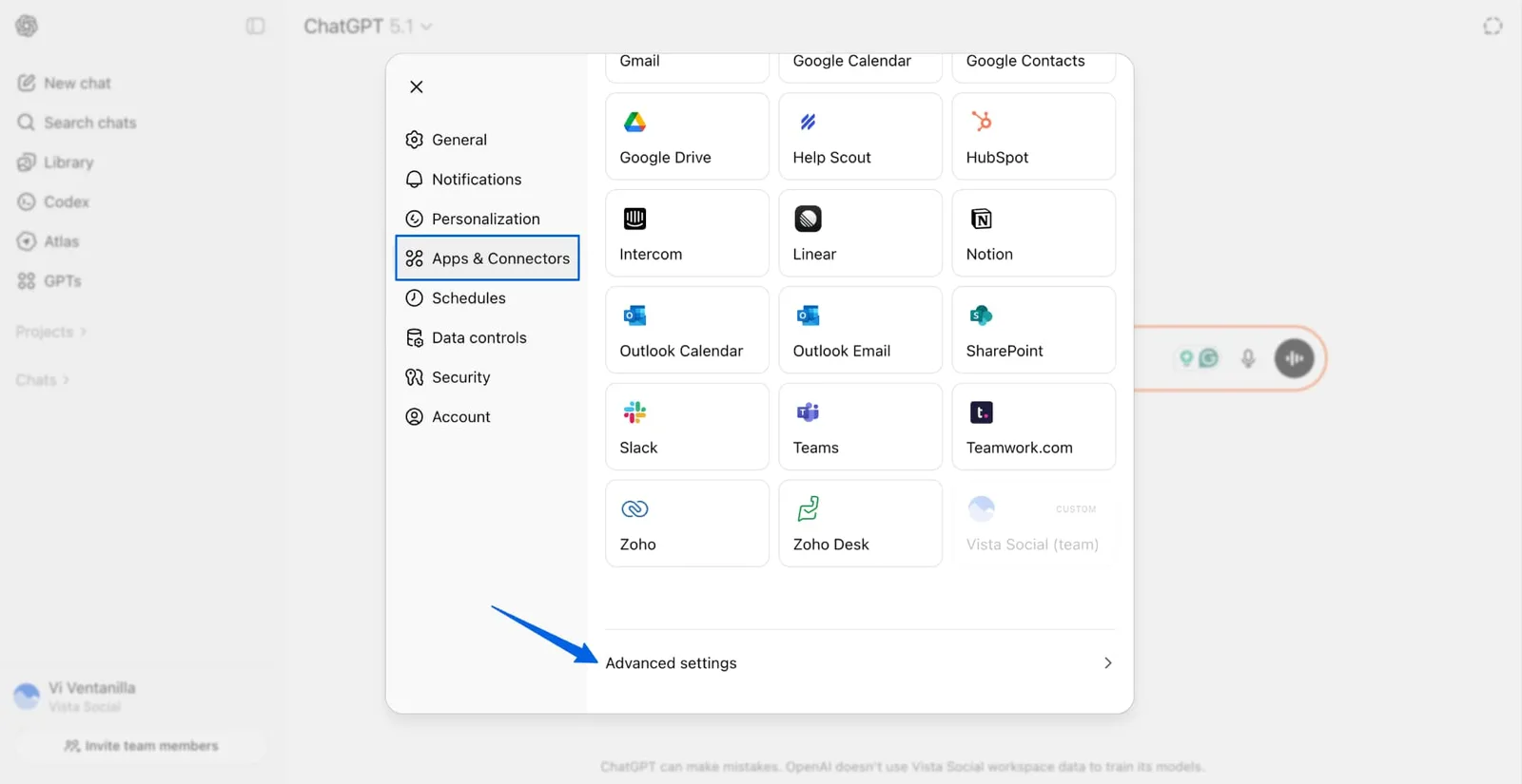 A screenshot of ChatGPT's apps and connectors.