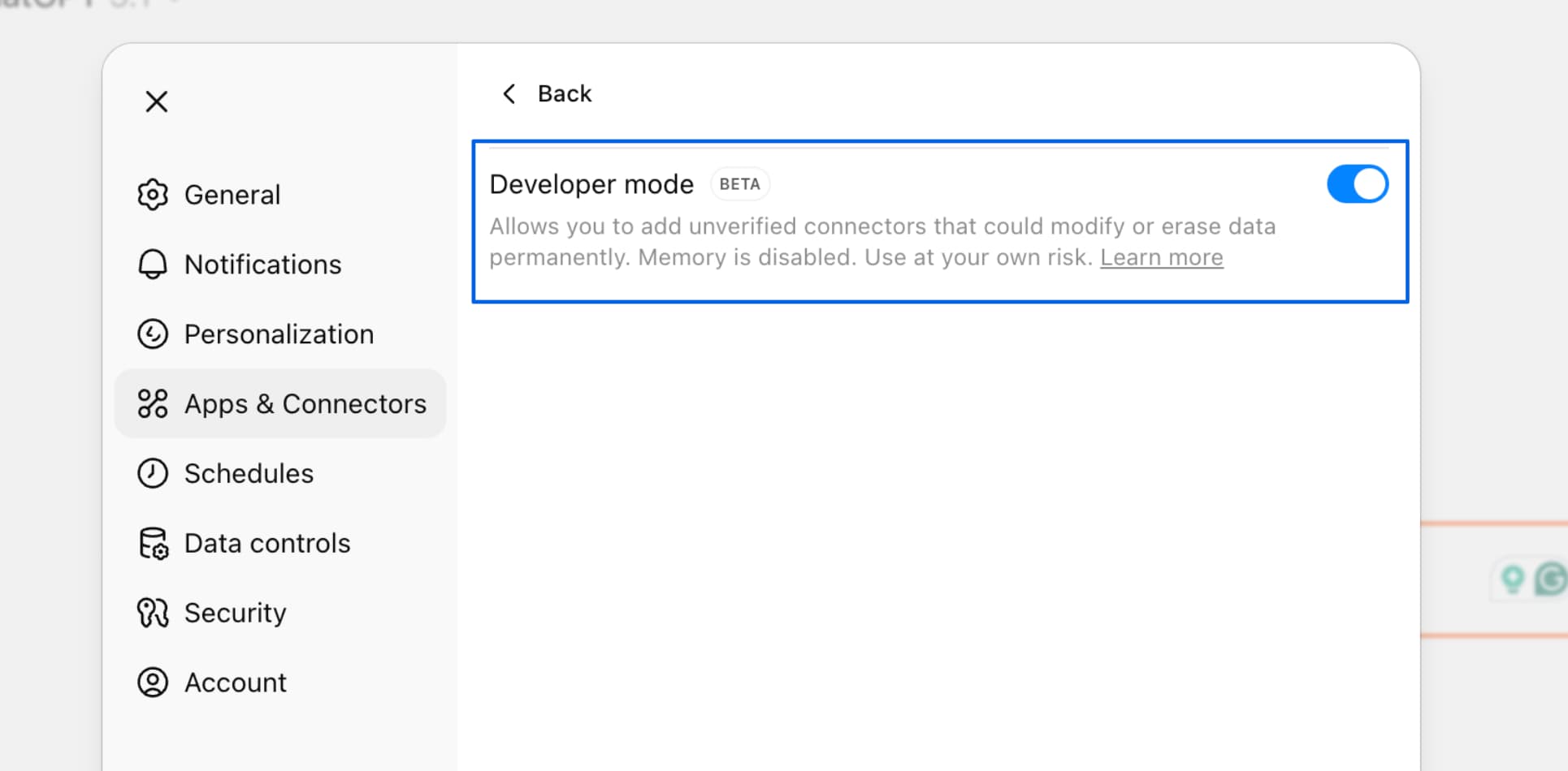 A screenshot of how to turn on developer mode in ChatGPT.