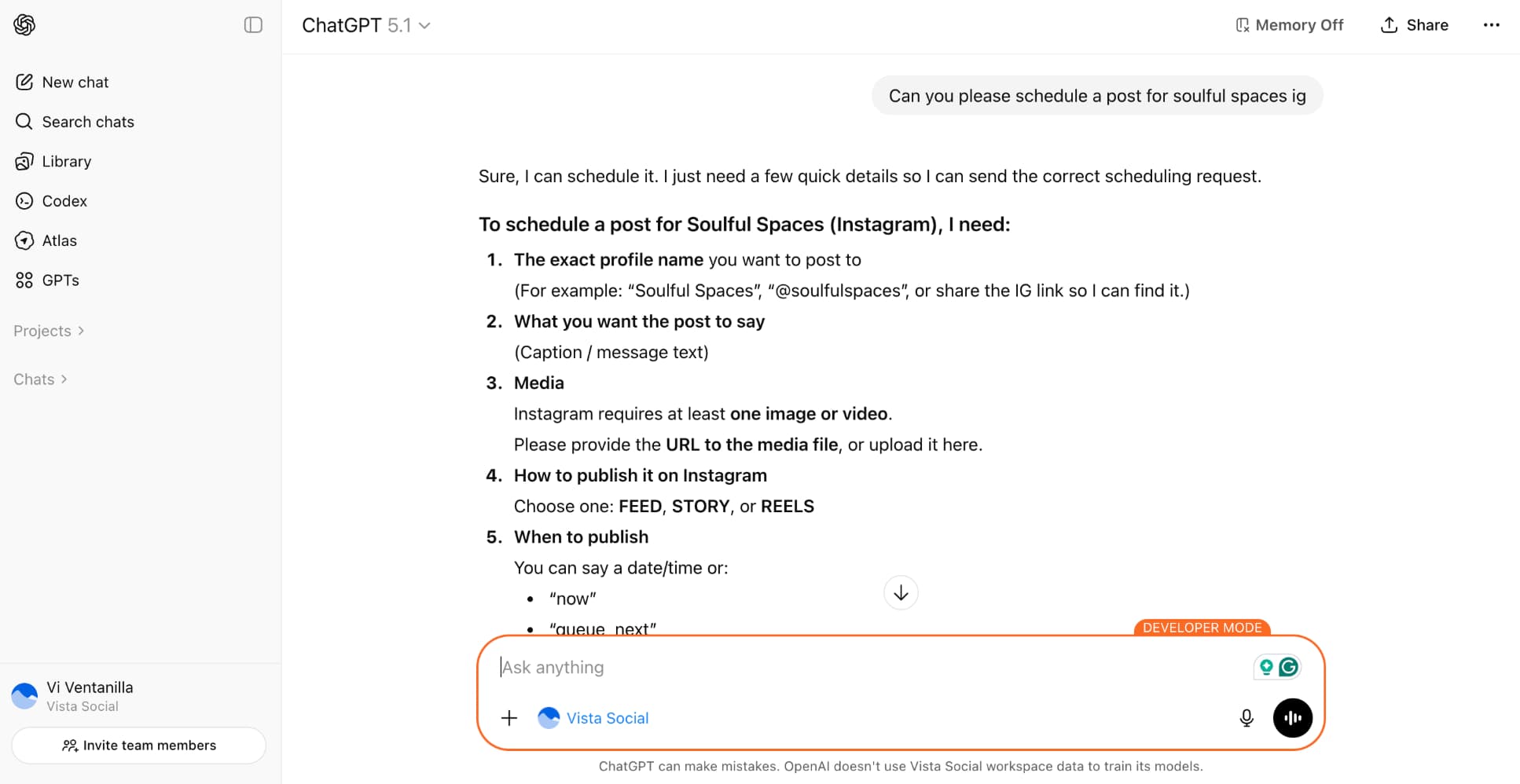 A screenshot showing a user asking ChatGPT to schedule a post in Vista Social.