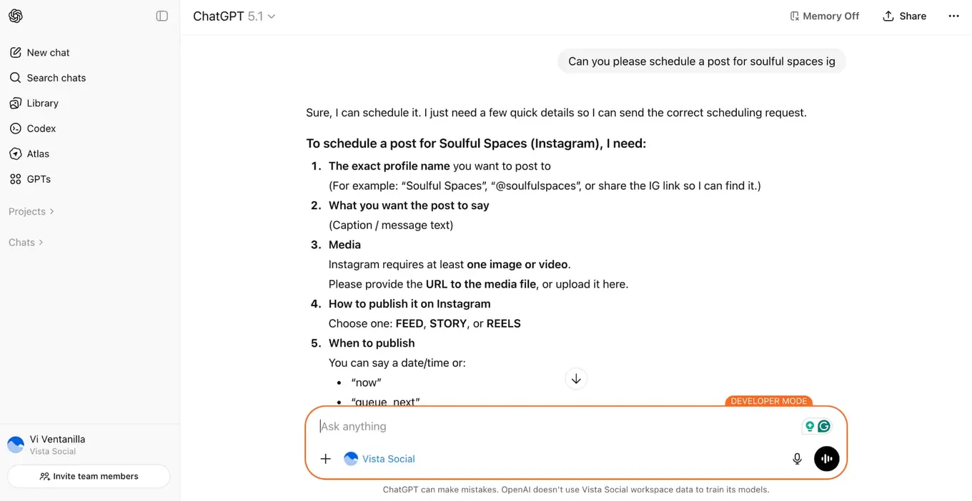 A screenshot showing a user asking ChatGPT to schedule a post in Vista Social.