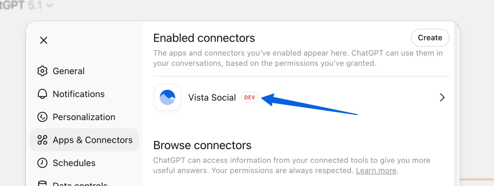 A screenshot showing a connected Vista Social app in ChatGPT.