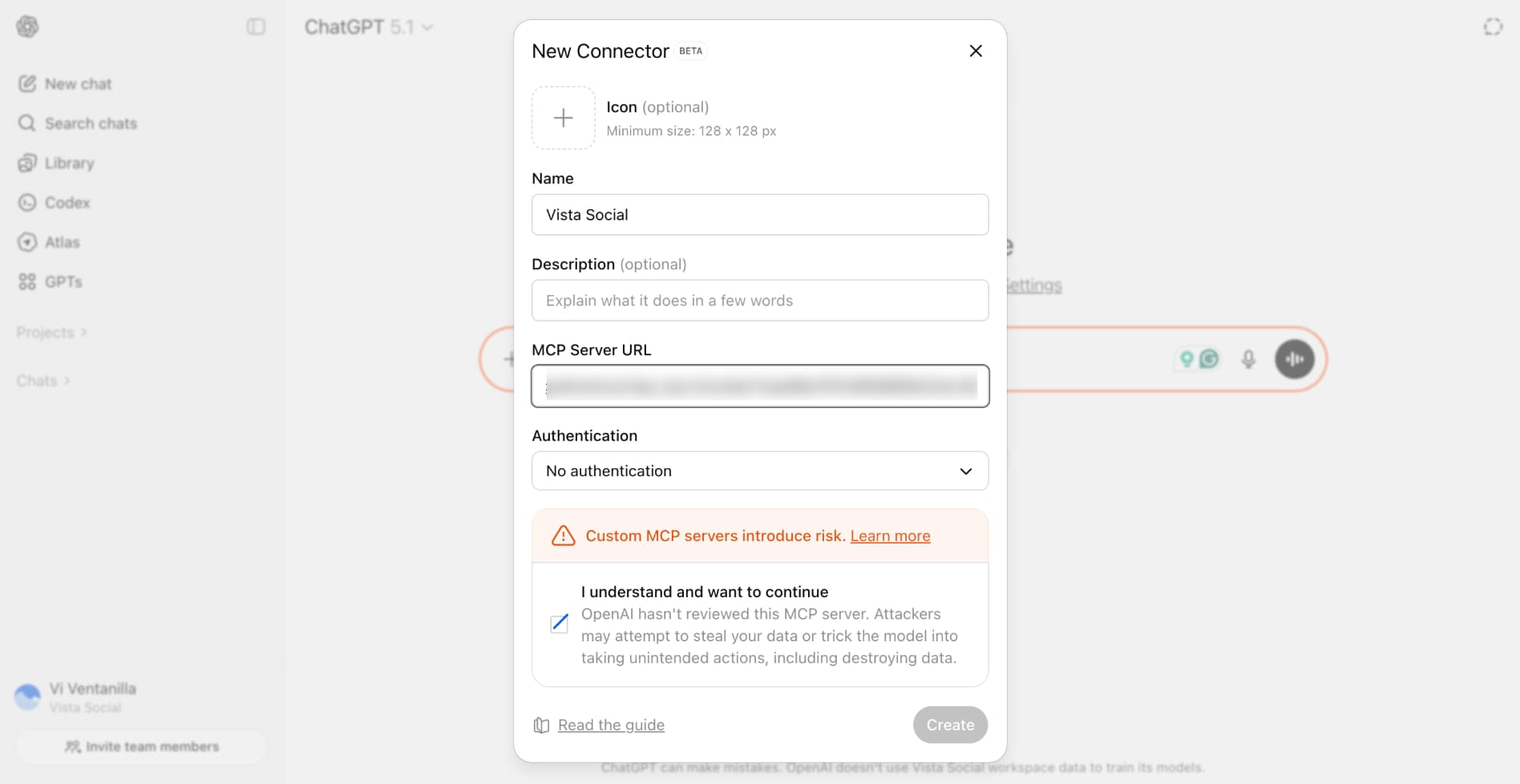 A screenshot showing how to add info for a new connector in ChatGPT.