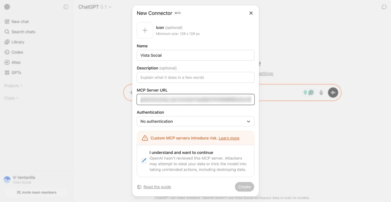 A screenshot showing how to add info for a new connector in ChatGPT.