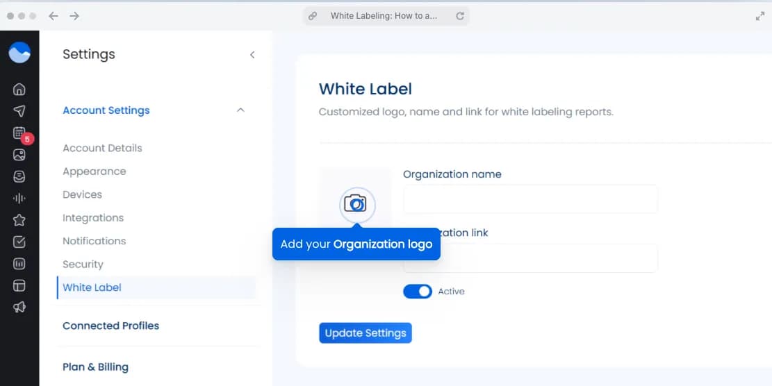 A screenshot showing where to add your agency's logo to brand your Vista Social experience.