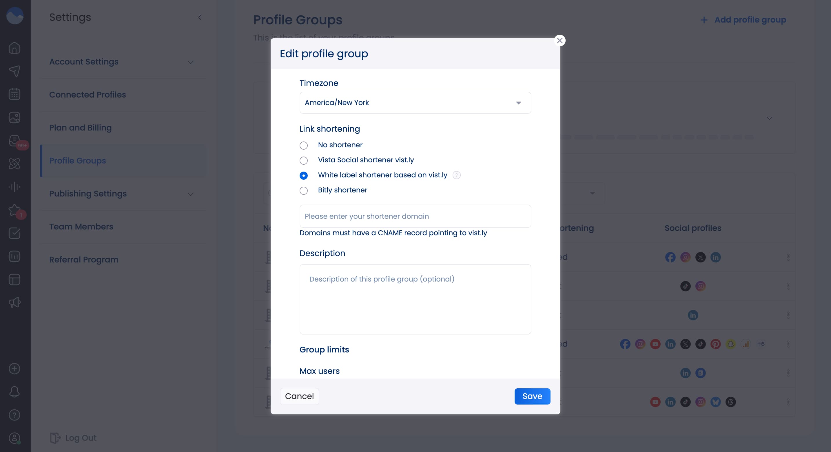 A screenshot showcasing where to edit link shorteners in Vista Social.