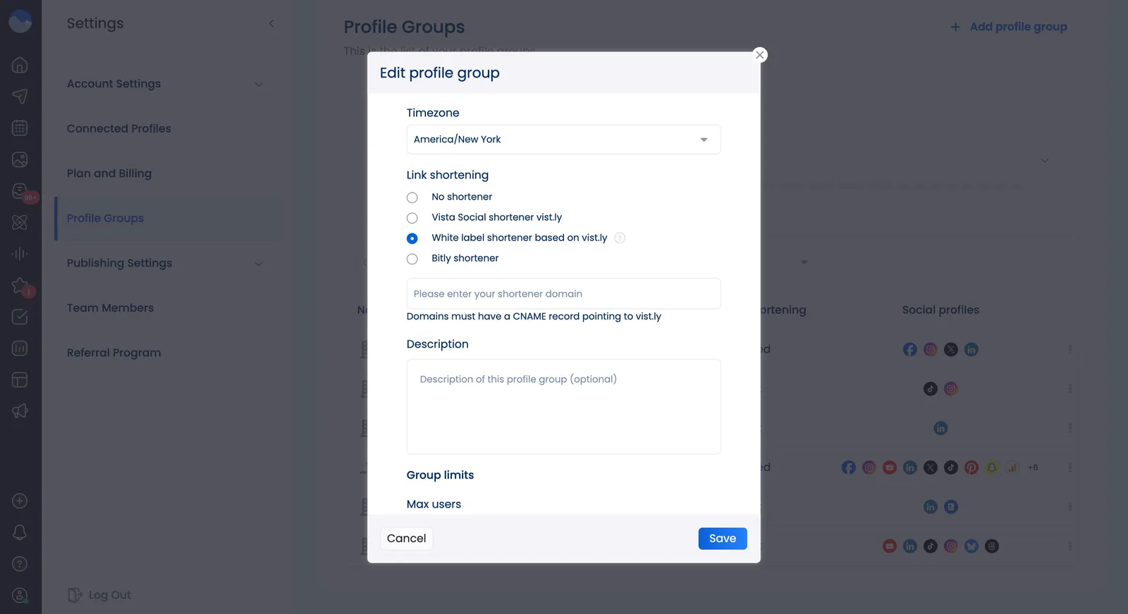 A screenshot showcasing where to edit link shorteners in Vista Social.