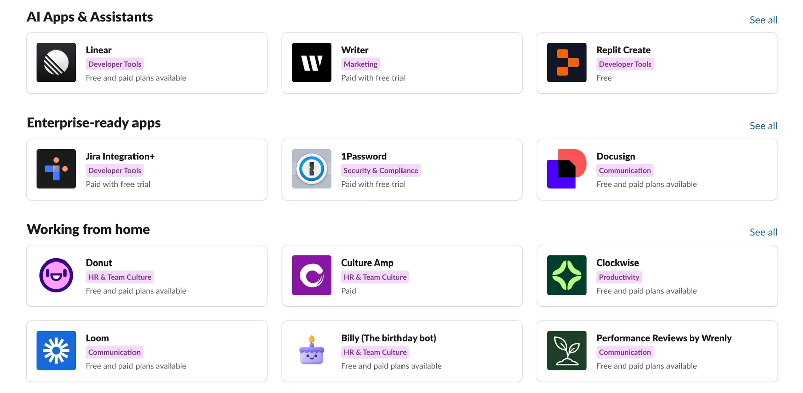 A screenshot of Slack's integration list on its website.