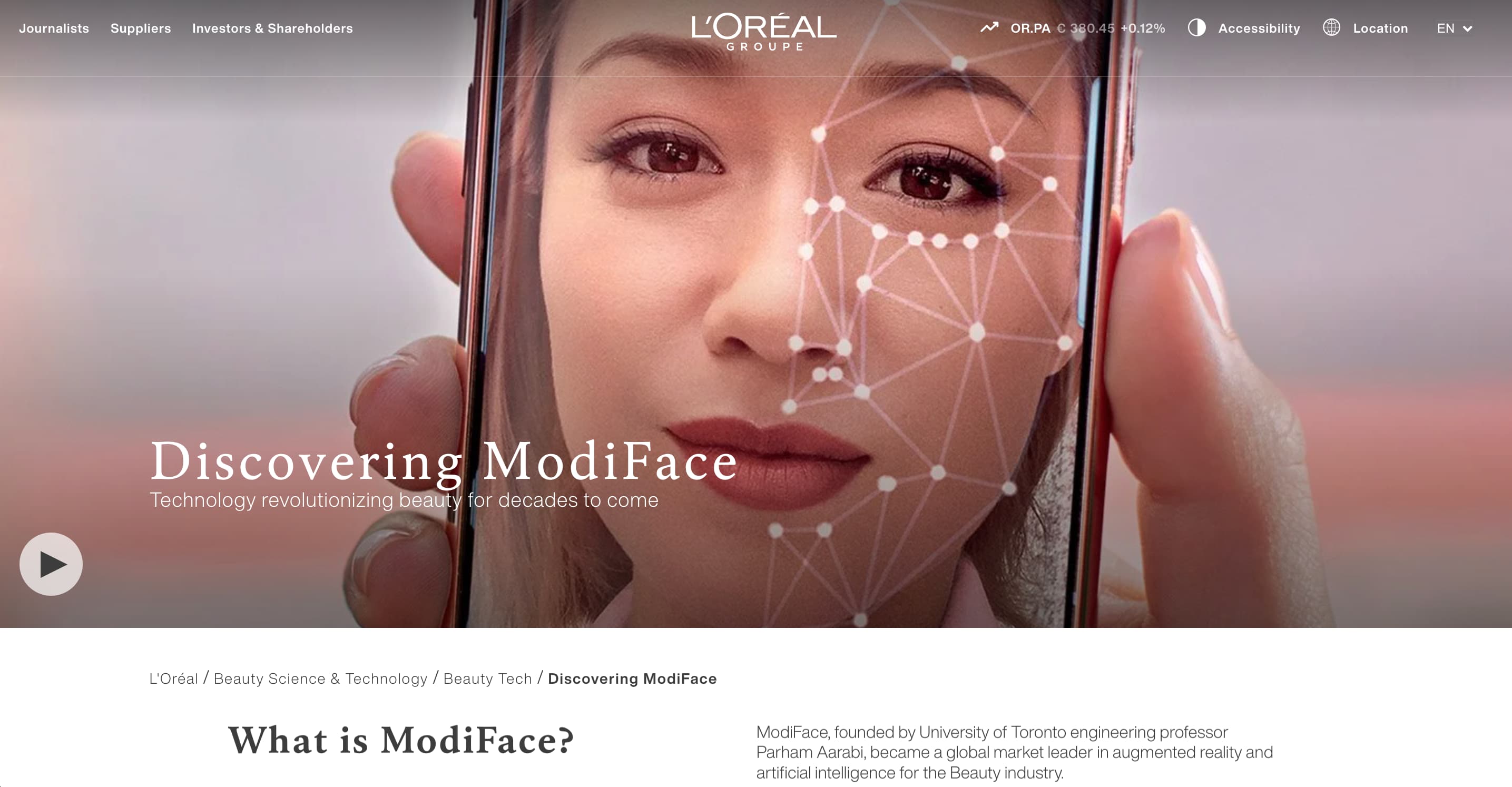 A screenshot from the L'Oreal ModiFace website.