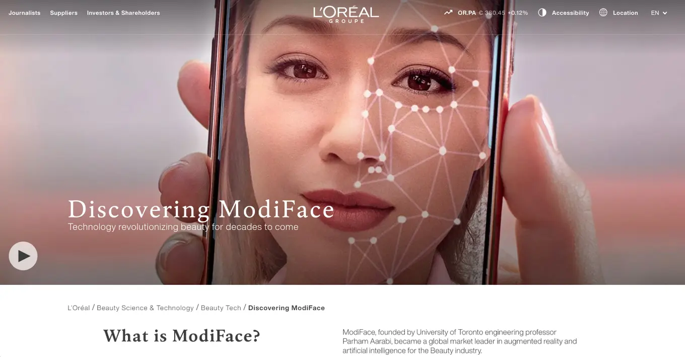A screenshot from the L'Oreal ModiFace website.