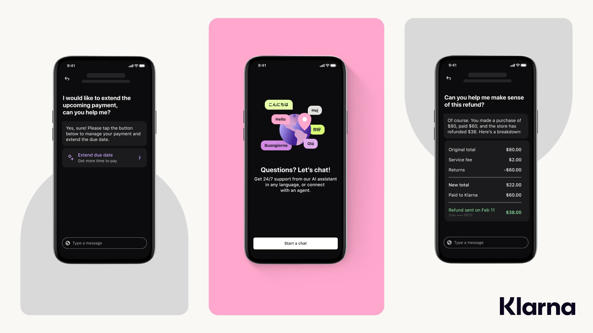 A mockup showcasing Klarna's AI assistant at work.