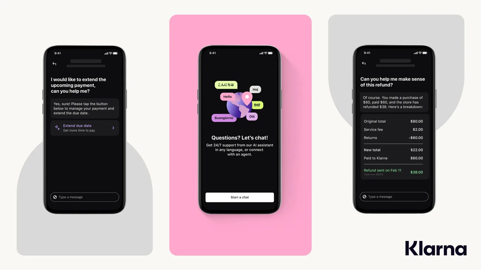 A mockup showcasing Klarna's AI assistant at work.