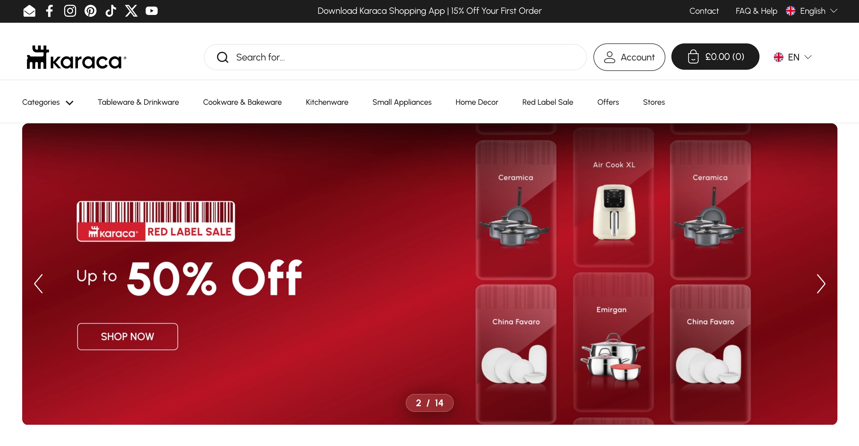 A screenshot of the Karaca website.