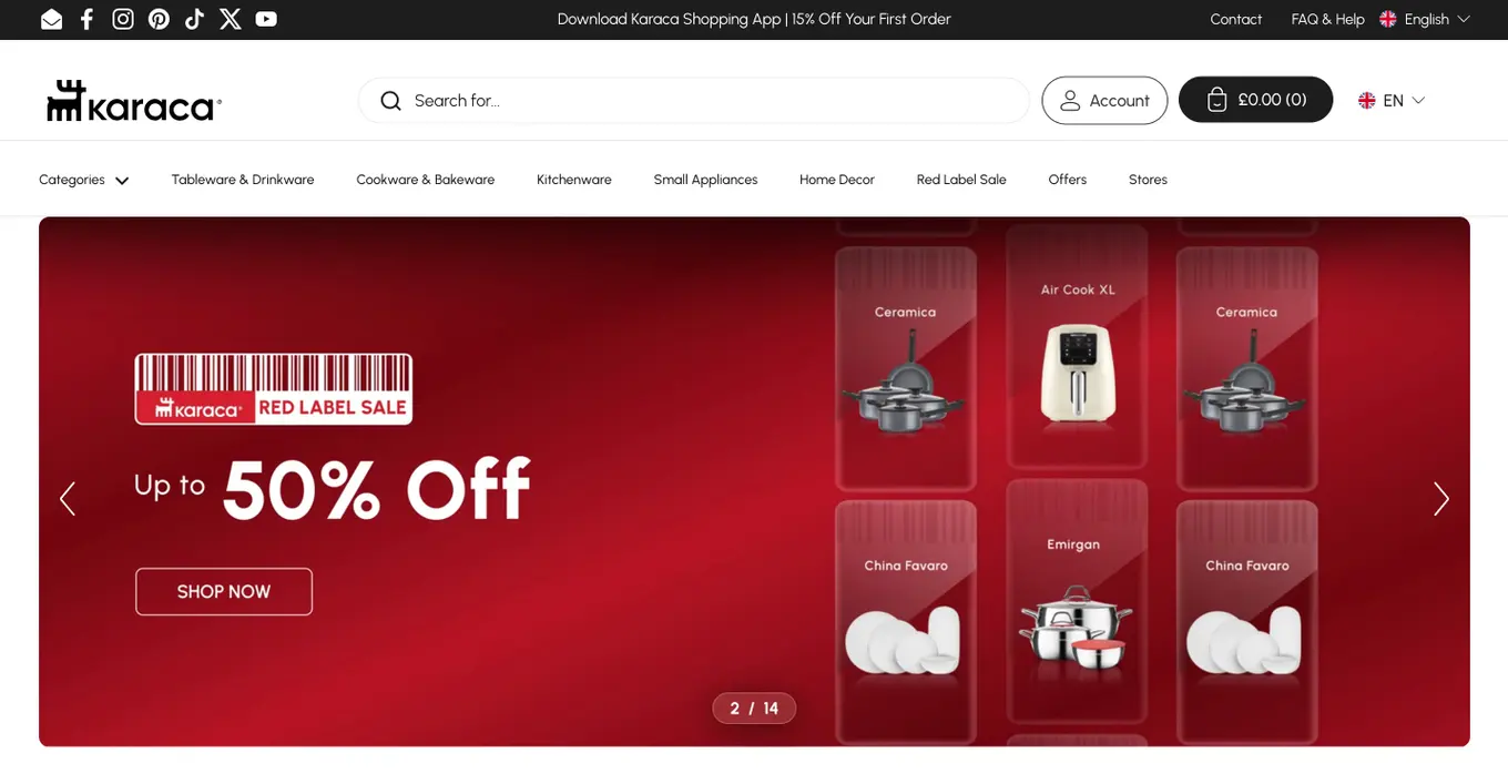 A screenshot of the Karaca website.