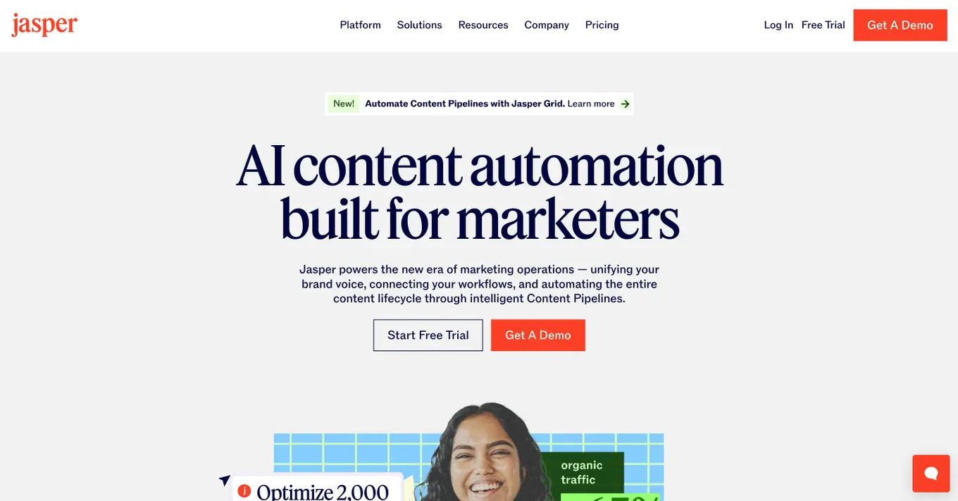 A screenshot of the Jasper AI website.