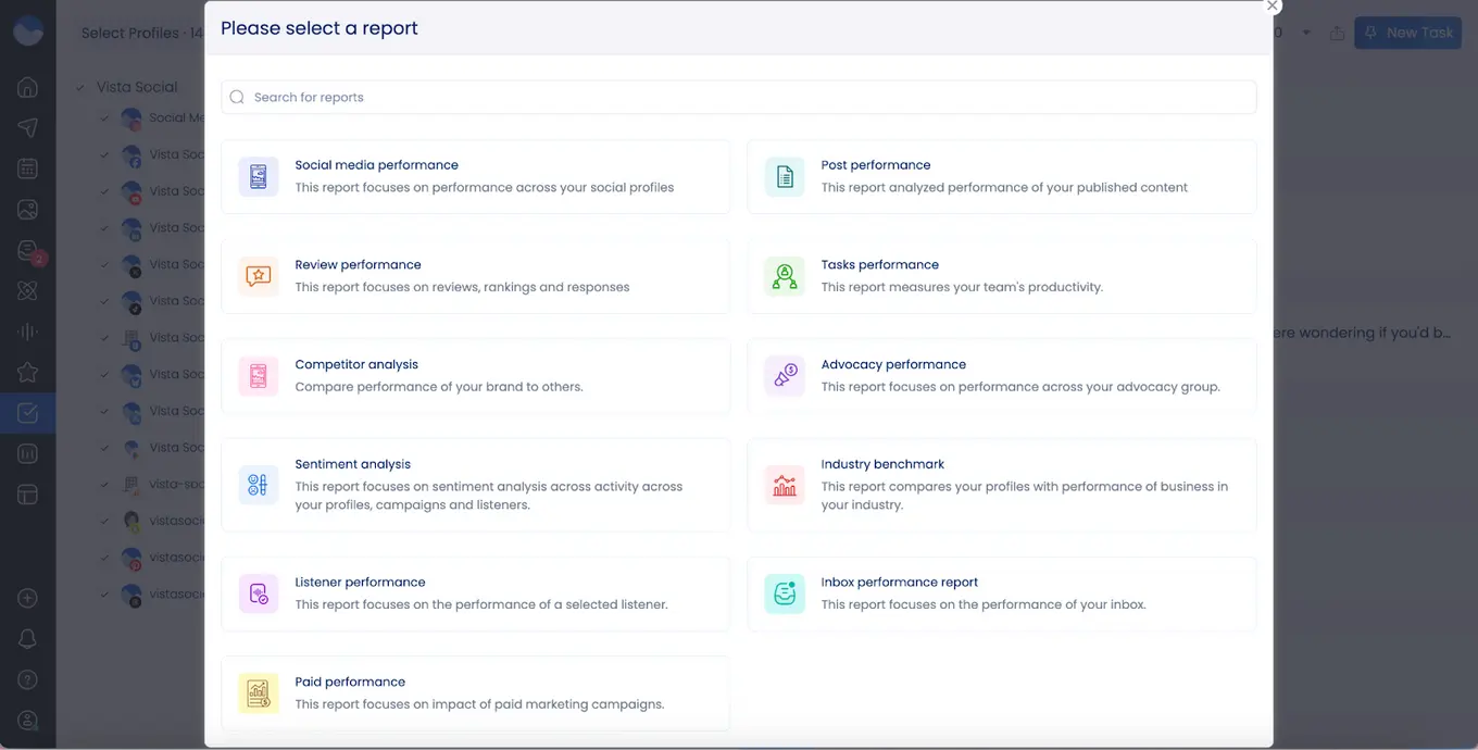 The reports available in Vista Social.