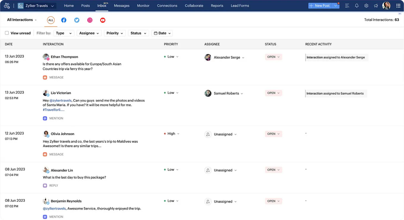The social inbox in Zoho Social.