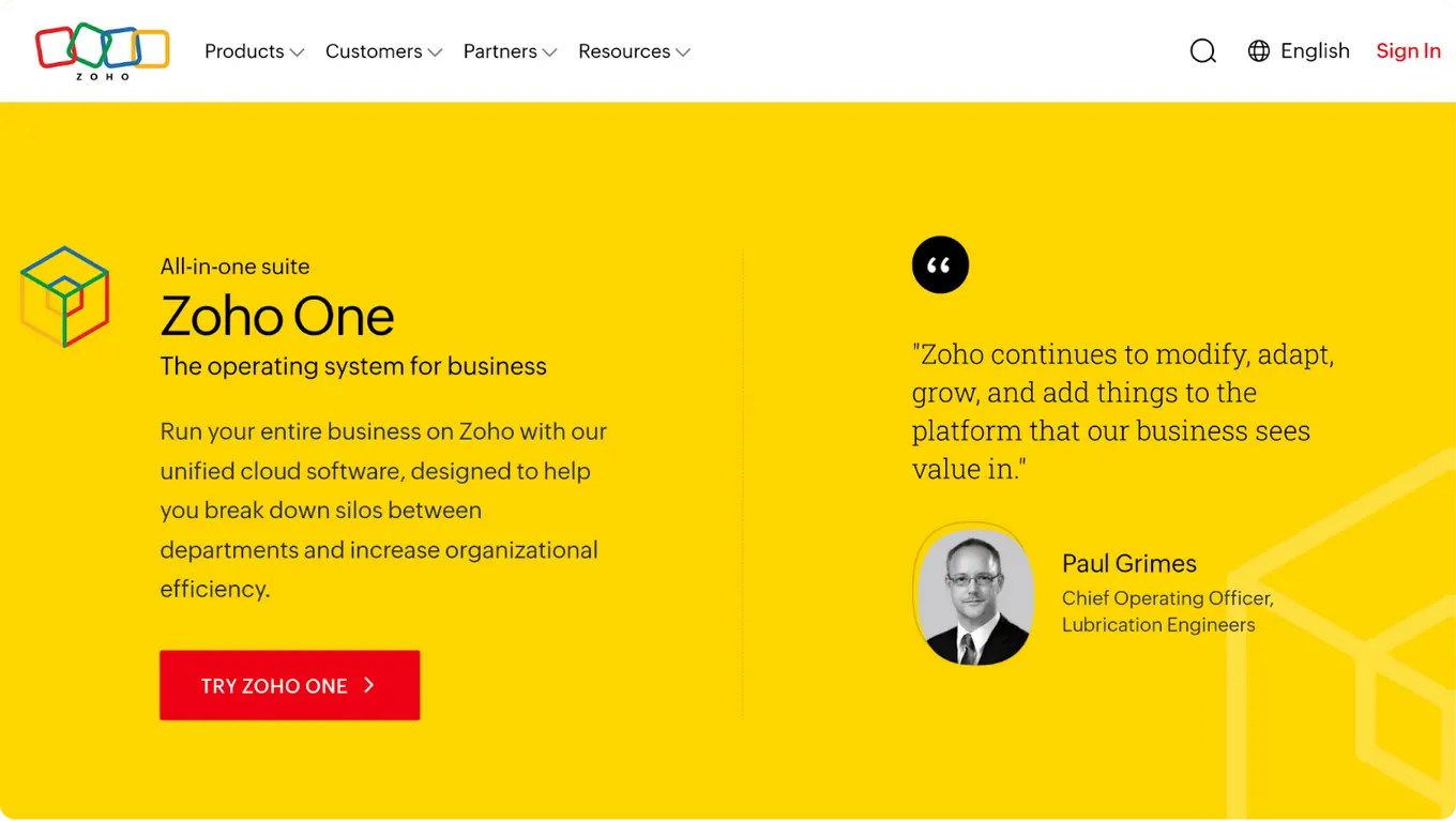 A screenshot of Zoho One's all-in-one suite website.