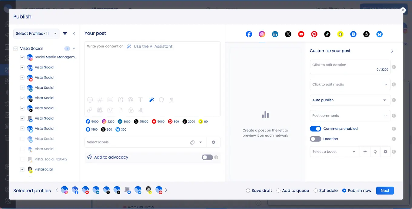 Vista Social's content publishing interface.