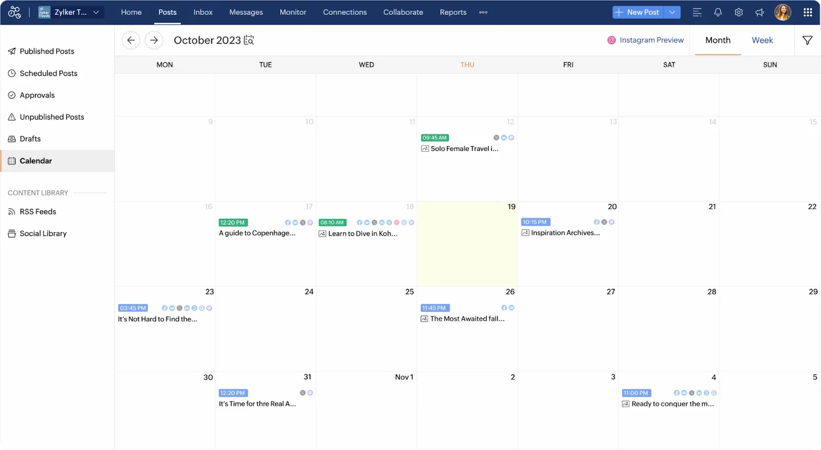 The content calendar inside Zoho Social.