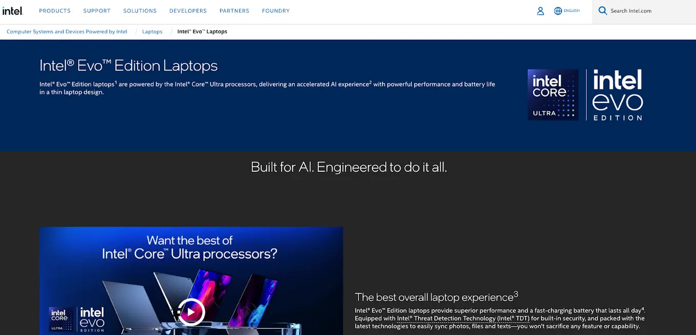 A screenshot from the Intel website for a laptop built for AI.