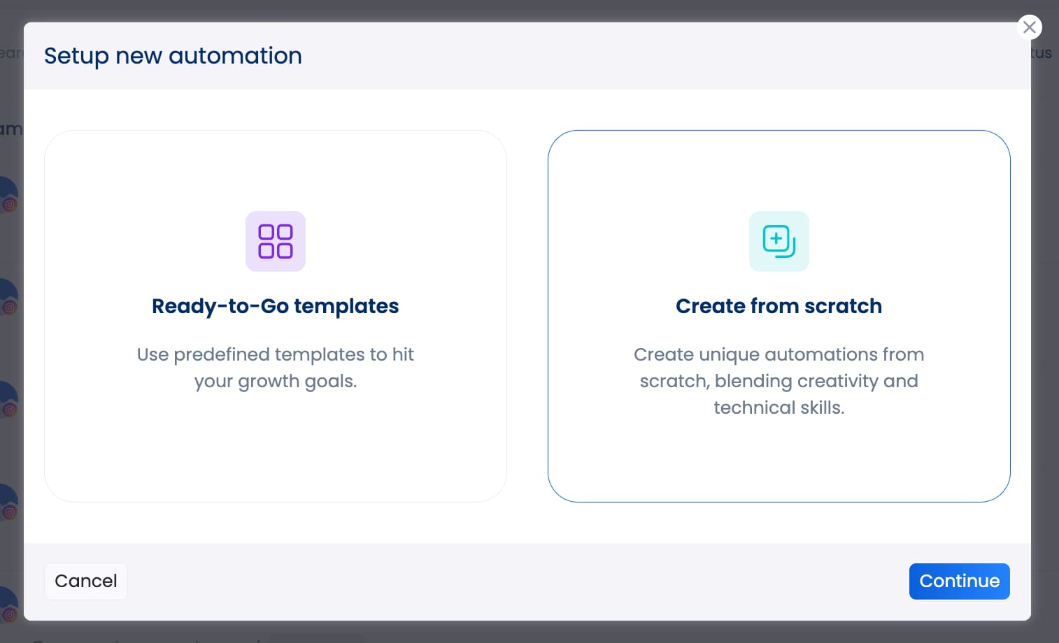 The new automation pop-up in Vista Social allowing users to choose between a ready-to-go template or starting from scratch.