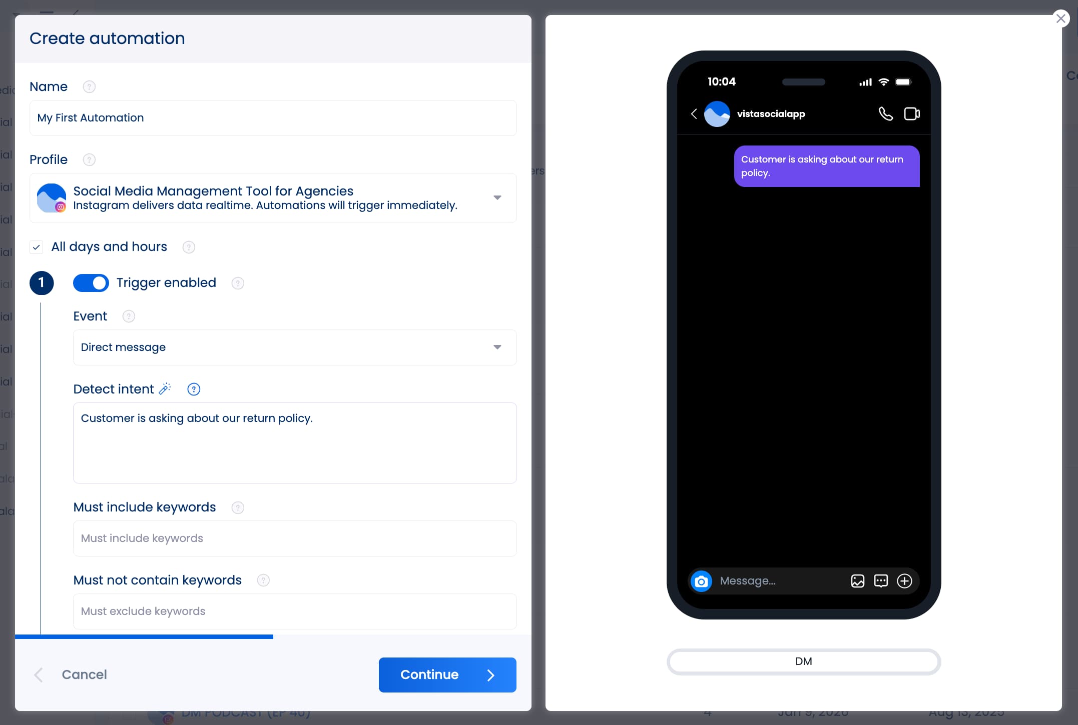 An example of a trigger being set up in an inbox automation in Vista Social.