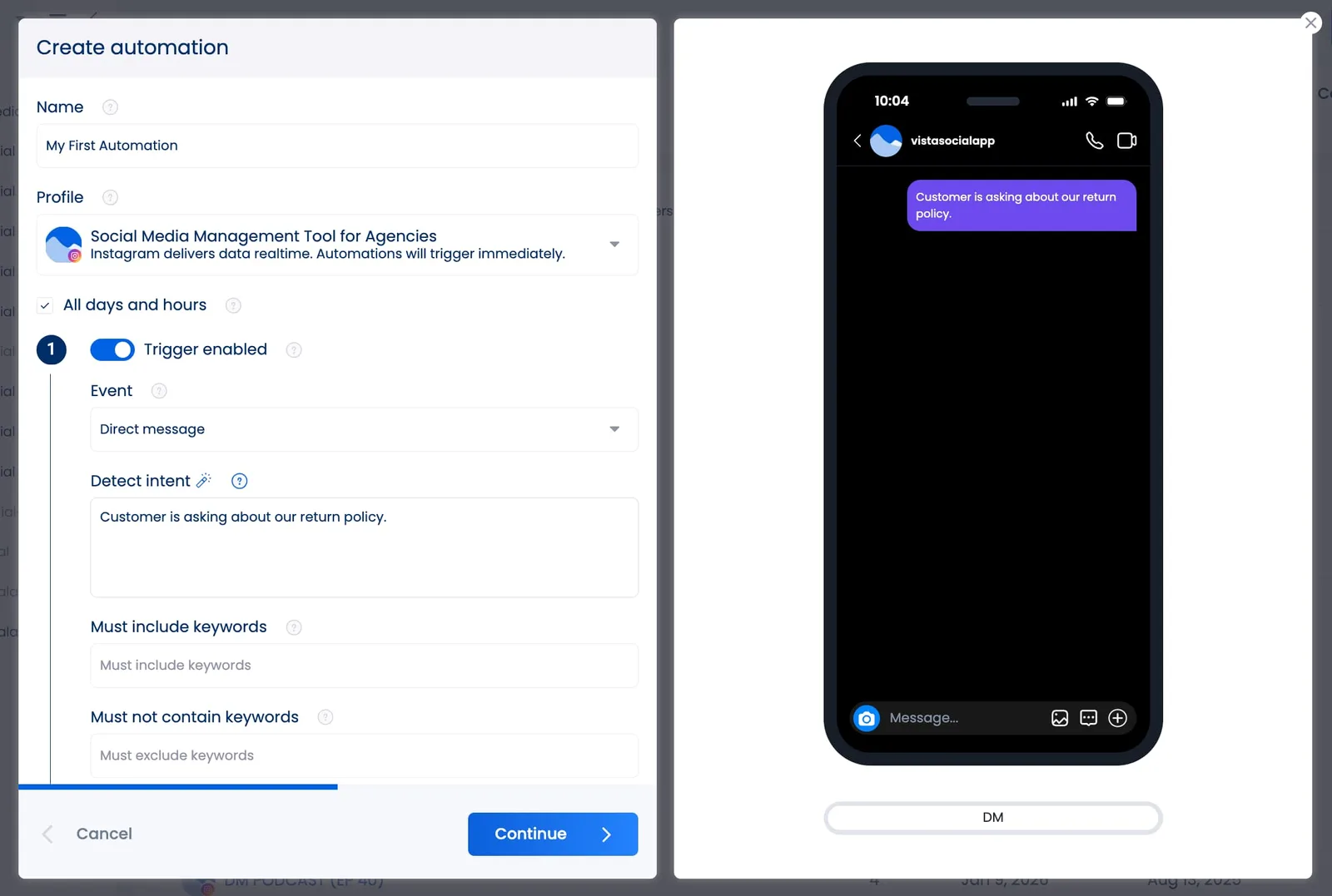 An example of a trigger being set up in an inbox automation in Vista Social.