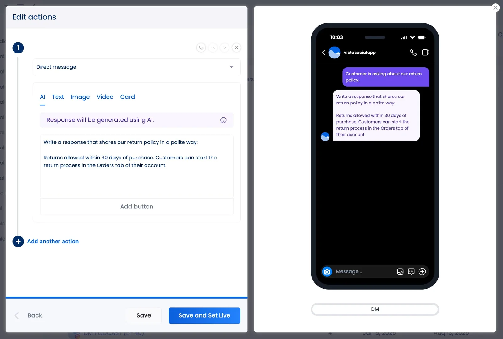 An example of an action being set up in an inbox automation in Vista Social.
