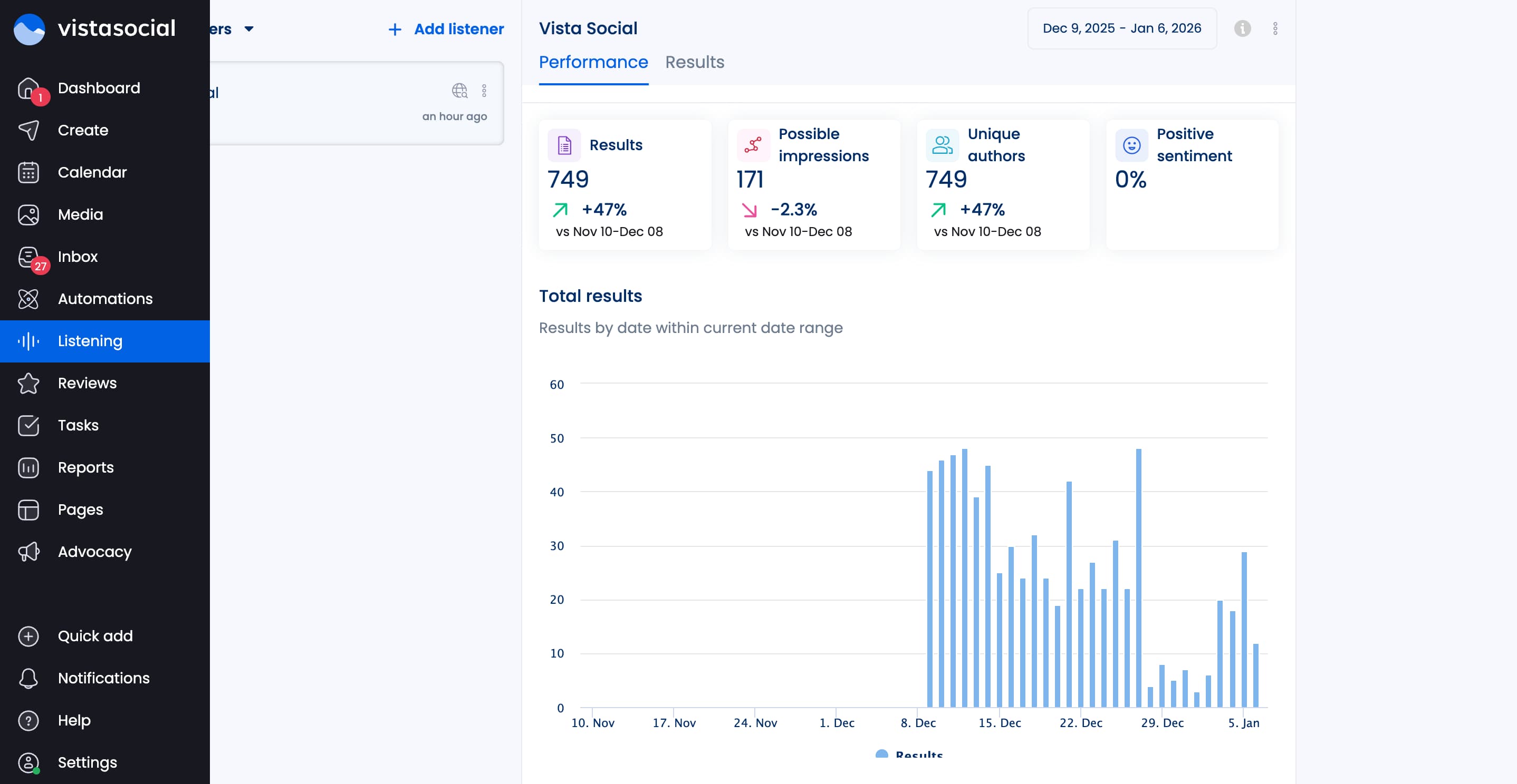 A screenshot showcasing how to access the Listening area of Vista Social's tool.