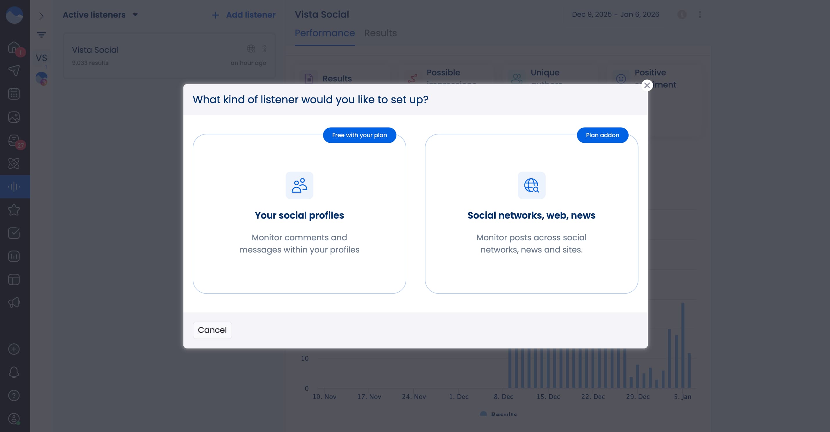 A screenshot showcasing how to set up a Listener in Vista Social.