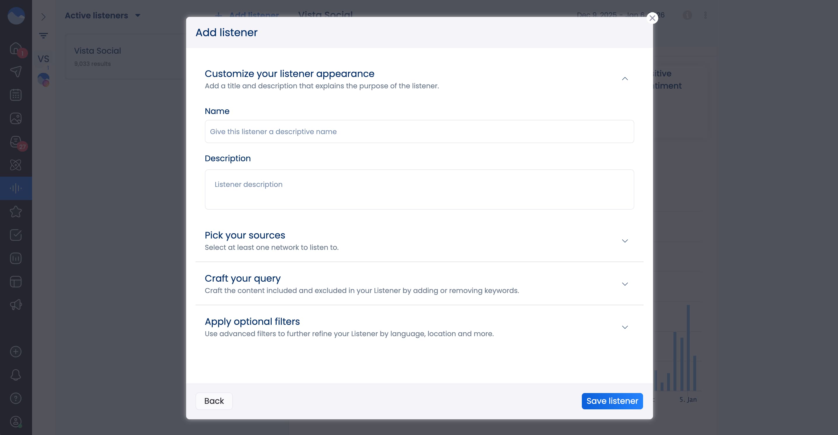 A screenshot showcasing how to customize a new Listener in Vista Social.