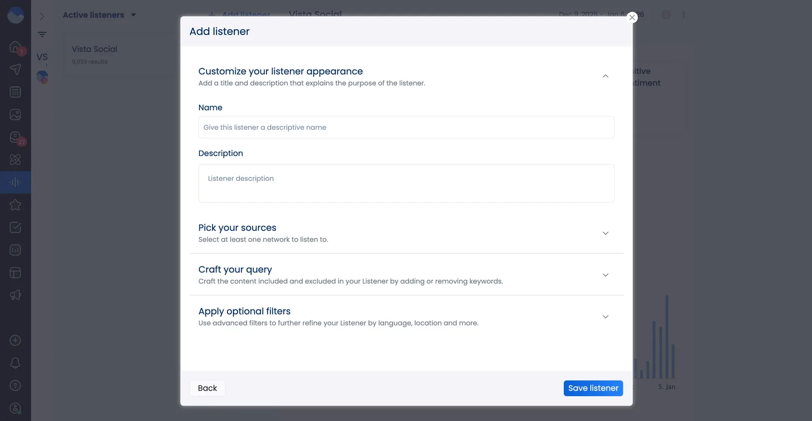 A screenshot showcasing how to customize a new Listener in Vista Social.
