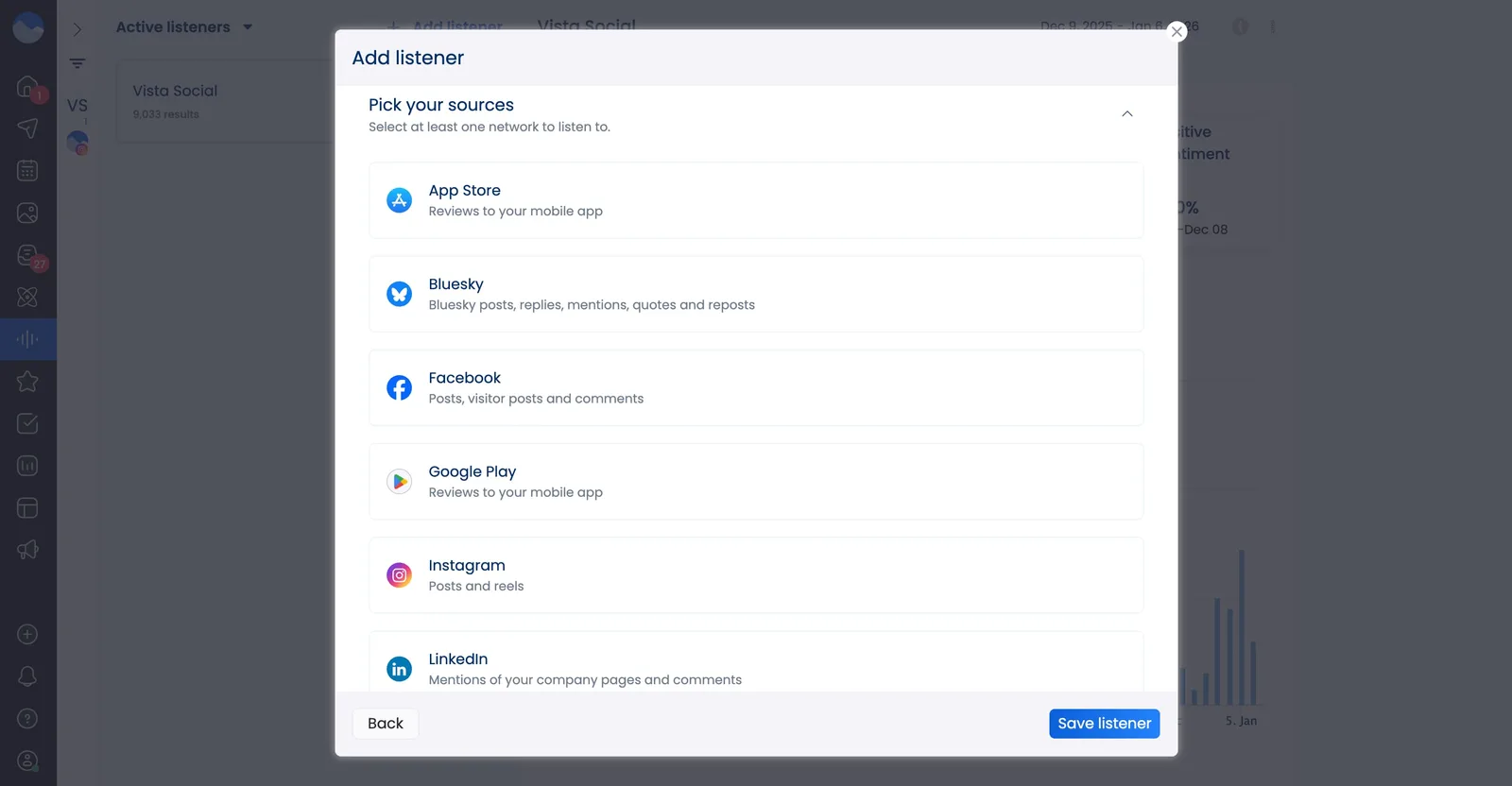 A screenshot showcasing some of the available sources for social listening in Vista Social.
