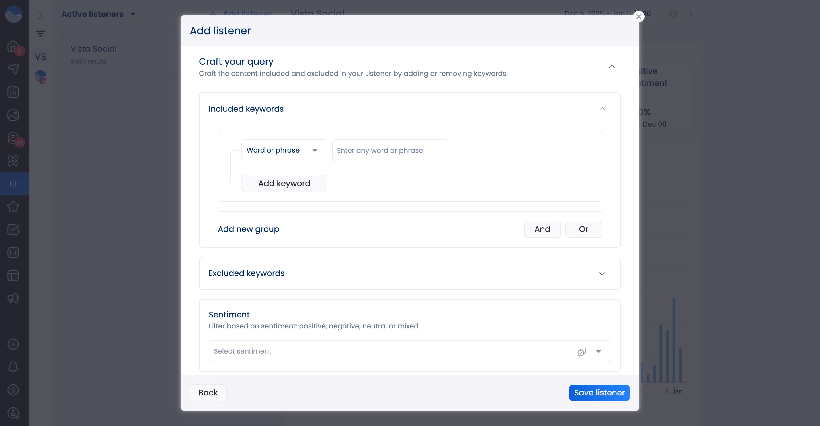 A screenshot showcasing how to input keywords to track with social listening in Vista Social.