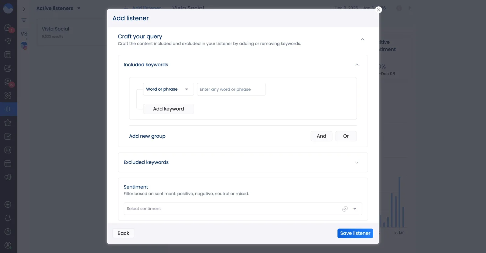 A screenshot showcasing how to input keywords to track with social listening in Vista Social.