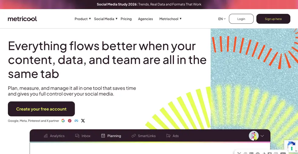 Social media automation tool Metricool's website.