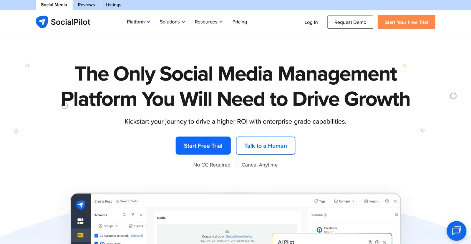 Social media automation tool SocialPilot's website.