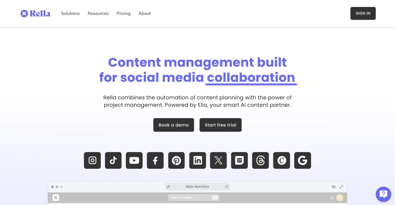 Social media automation tool Rella's website.
