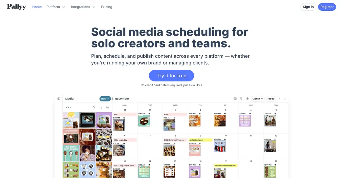 Social media automation tool Pallyy's website.