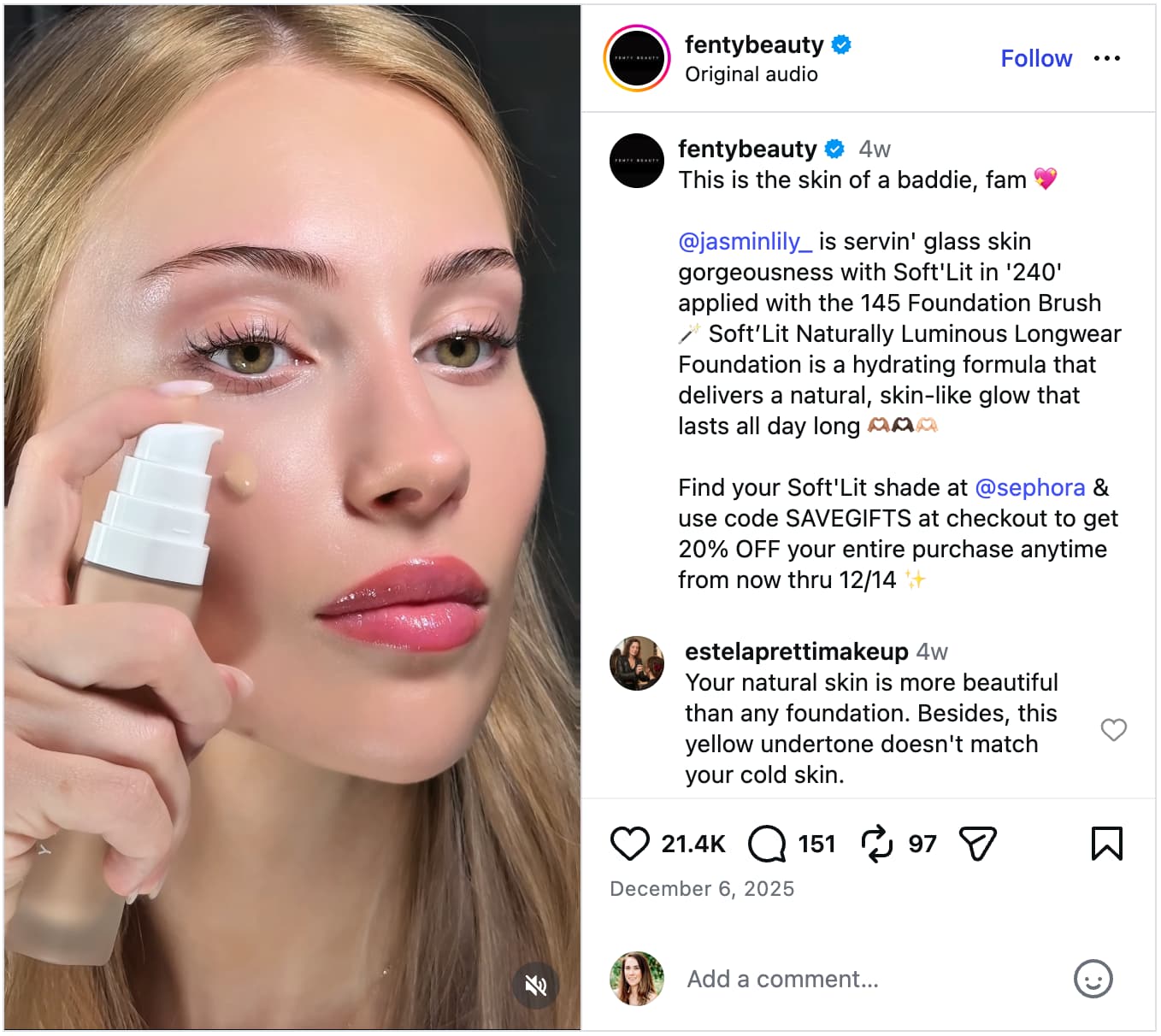 A screenshot of an influencer marketing post on Instagram from Fenty Beauty.