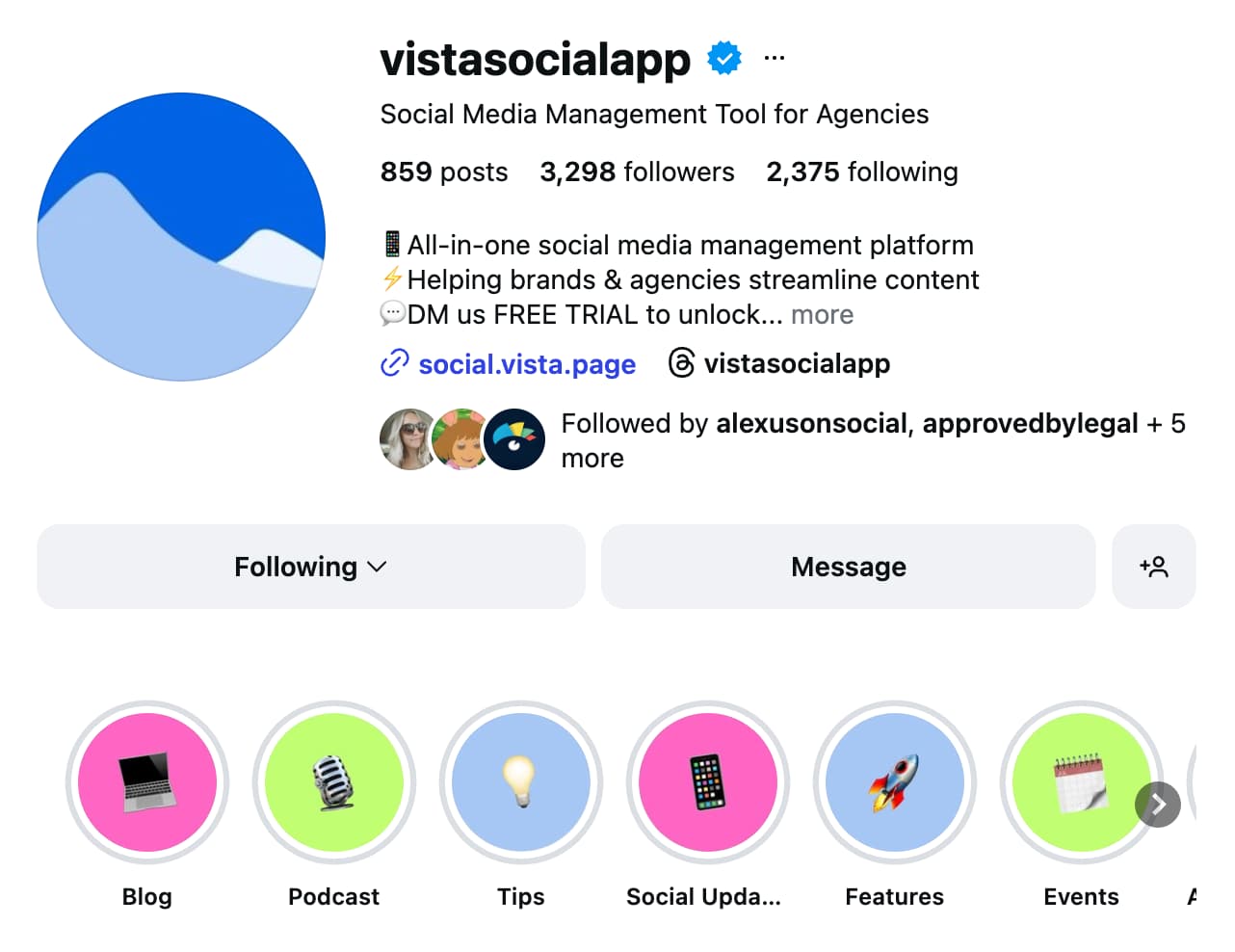 A screenshot of Vista Social's Instagram profile.