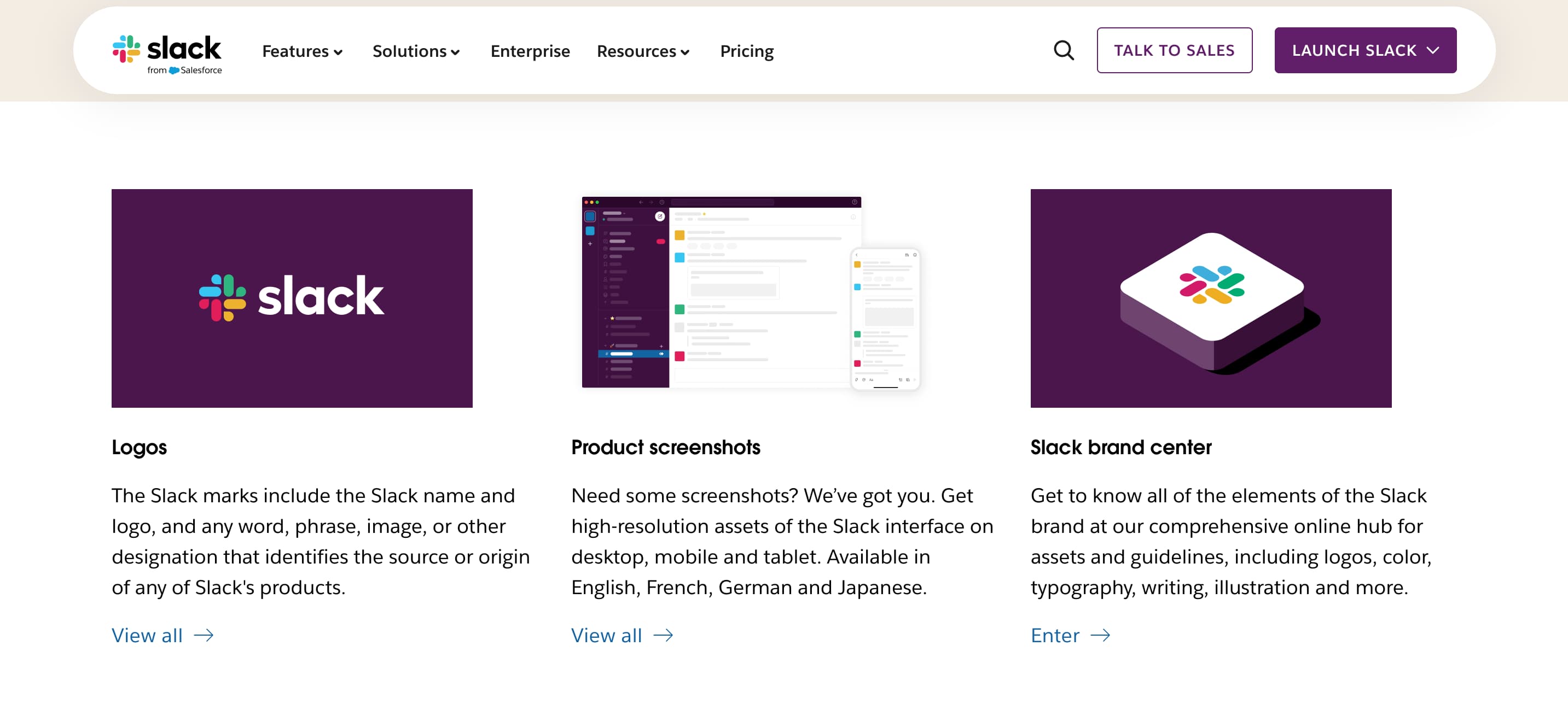 A screenshot of Slack's public branding guidelines dashboard.