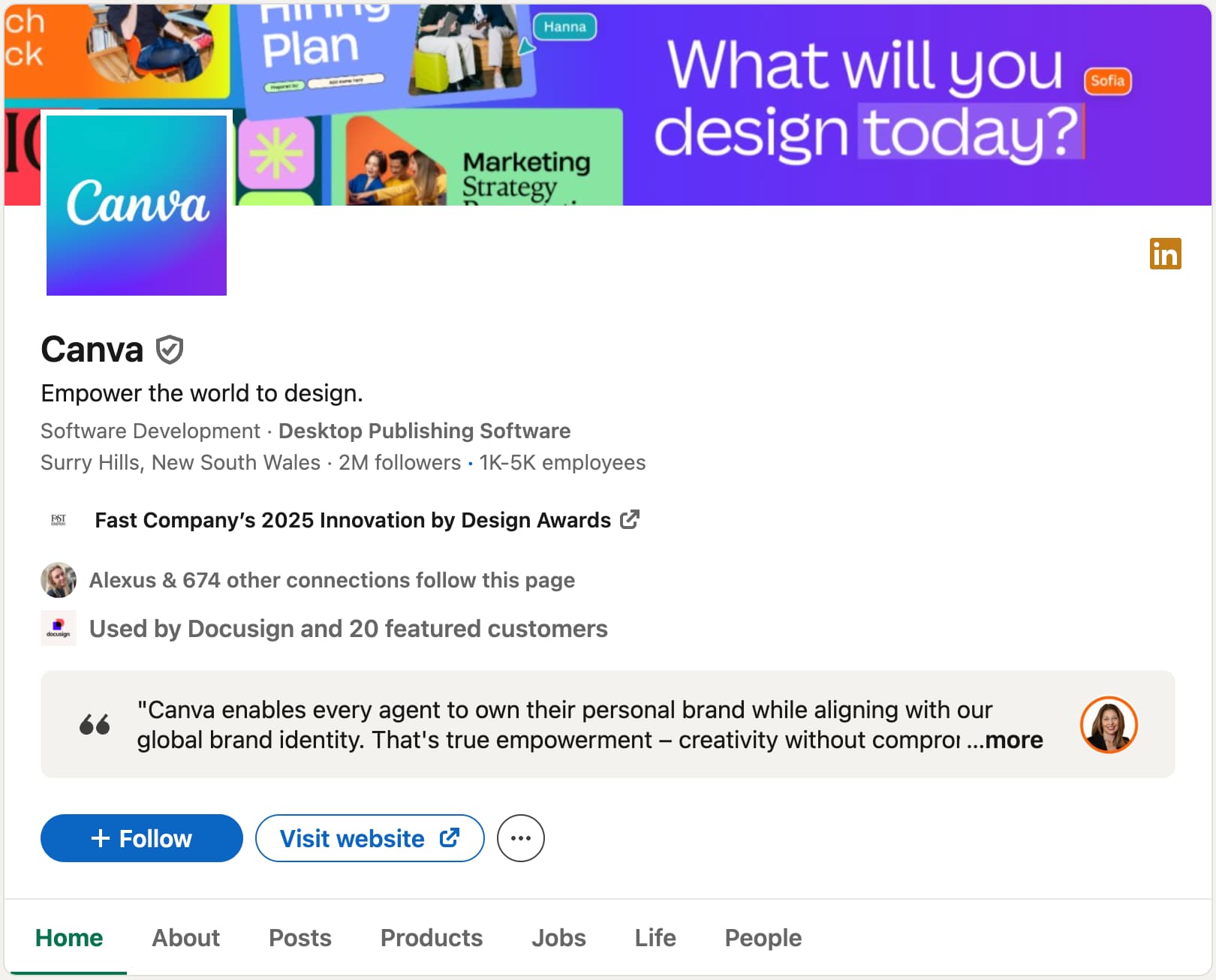 A screenshot of Canva's LinkedIn company page.