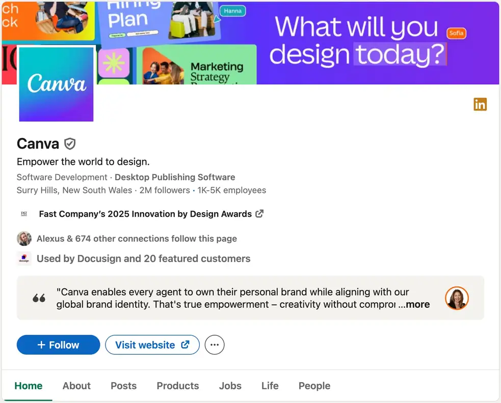 A screenshot of Canva's LinkedIn company page.
