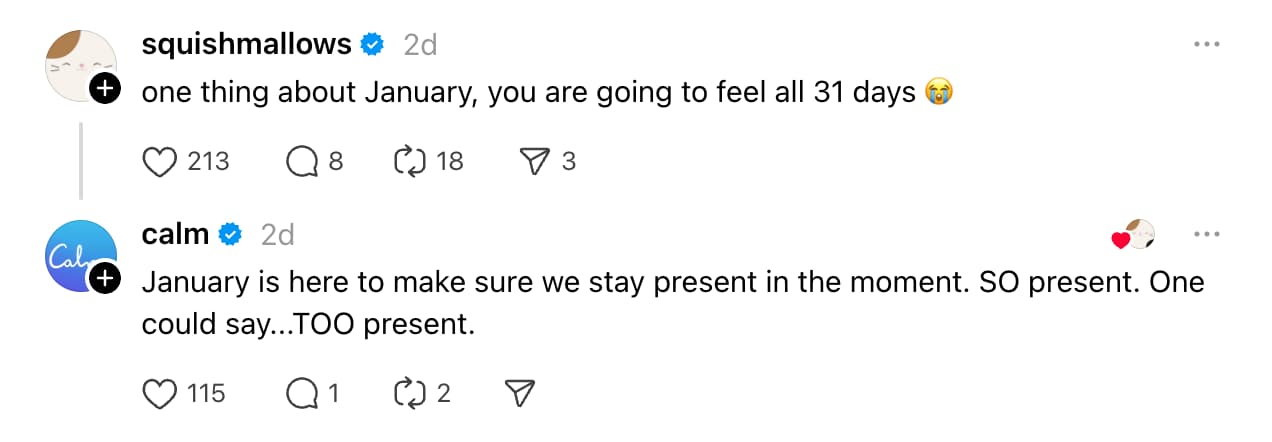 A screenshot of a Threads post from Calm.
